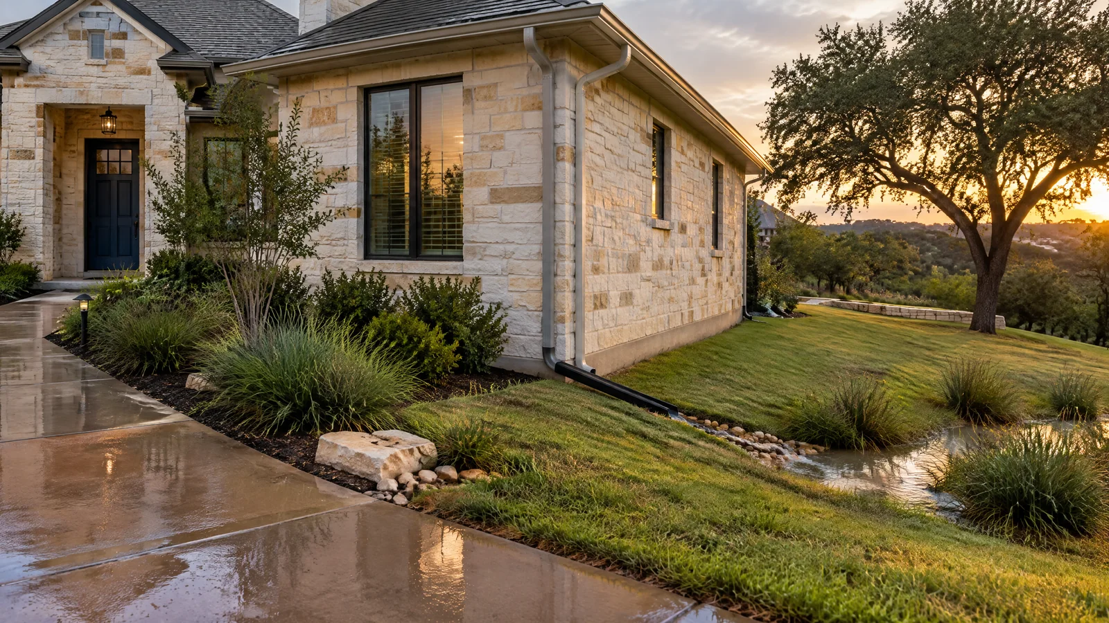 San Antonio Home Drainage After Heavy Rain San Antonio Hill Country home after rain with gutters, downspout, limestone walls, and runoff moving away from the foundation